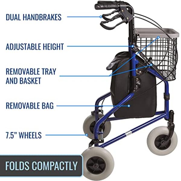 3 wheels Lightweight and Foldable Rollator for Disabled and Elderly